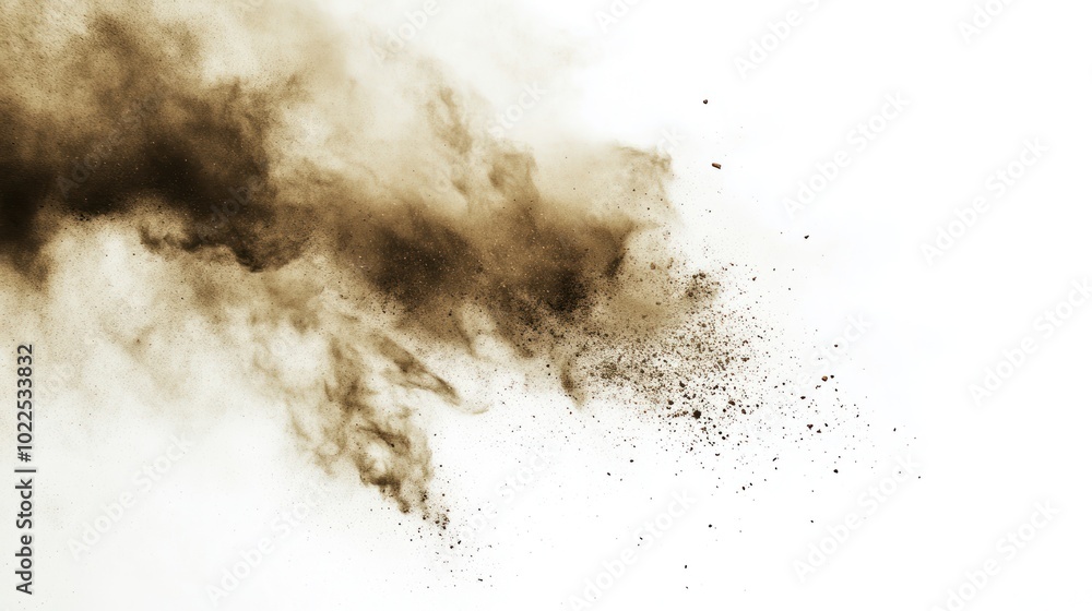 A cloud of brown dust dispersing against a white background, creating a dramatic effect. A cloud of brown dust dispersing against a white background, creating a dramatic effect.