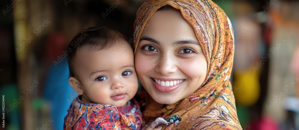 A young mother in a headscarf smiles brightly as she holds her infant child. A young mother in a headscarf smiles brightly as she holds her infant child.