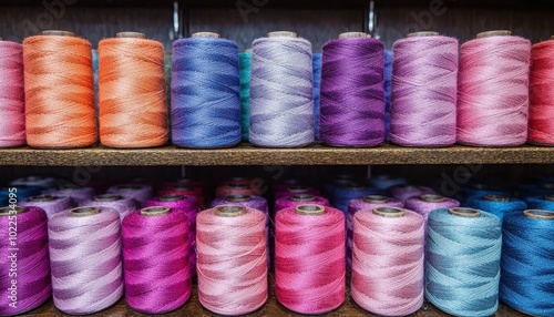 A colorful display of spools of thread arranged neatly on shelves, showcasing various shades for sewing and crafting projects. photo