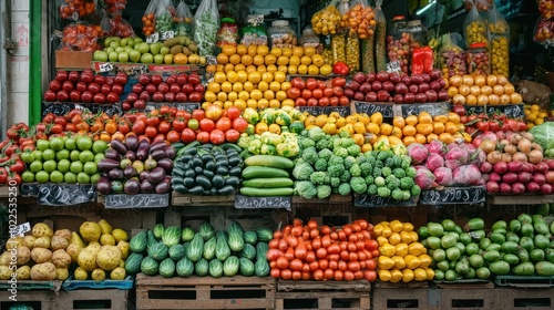 Fototapeta Naklejka Na Ścianę i Meble -  an array depicted by a vibrant display of colorful fruits and vegetables arranged beautifully on a market stall