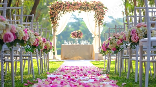 a wedding planner coordinating the arrangement of decorations and seating for a ceremony photo