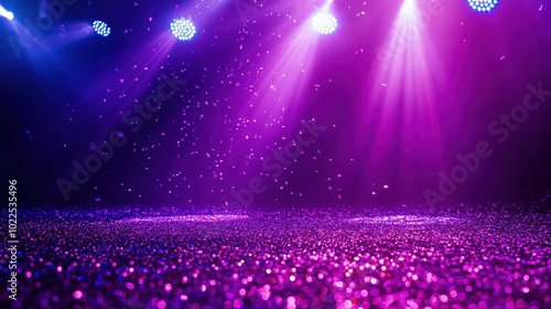 A vibrant stage with purple lighting and glittering surface, ideal for performances.