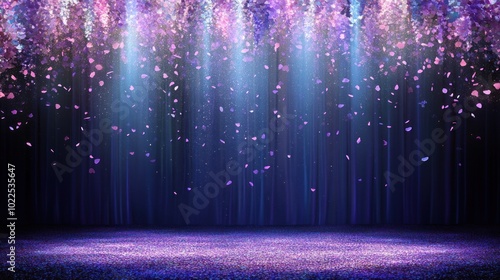 A vibrant stage scene with colorful lights and falling petals, ideal for performances.