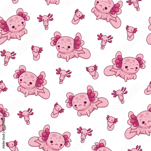 Cute axolotl character. Seamless pattern. Kawaii ambystoma amphibian different poses. Vector drawing. Design ornaments.