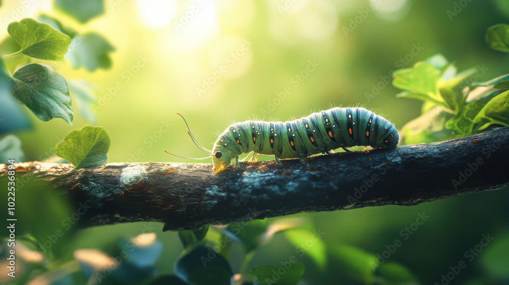 Fototapeta premium A caterpillar crawling on a twig with a background of lush greenery