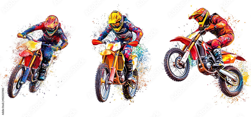 Obraz premium three set of Vibrant colorful motocross rider with artistic designs isolated transparent background
