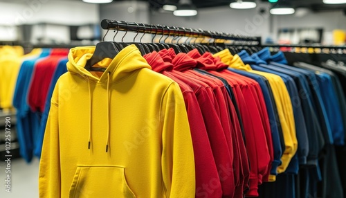 A display of colorful hoodies arranged on hangers in a retail store, showcasing various vibrant options for customers.