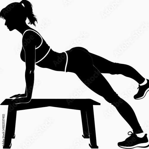 Fitness Silhouette: A determined individual performs a dynamic exercise on a bench, showcasing strength and commitment to physical wellness and body goals.