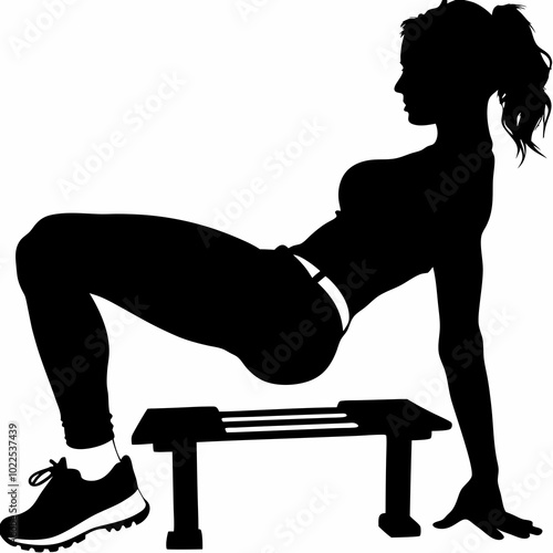 Fitness Silhouette: A determined individual performs a dynamic exercise on a step, embodying strength and dedication. The sharp contrast of black and highlights the body in motion.