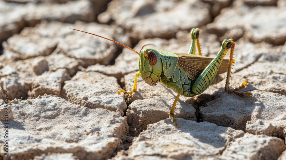 A grasshopper blending into the texture of a dry, cracked earth surface A grasshopper blending into the texture of a dry, cracked earth surface