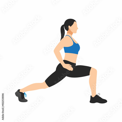 Workout Lunge: An illustration of a woman in athletic attire performing a lunge exercise, her body poised in a dynamic pose. It promotes fitness and strength.
