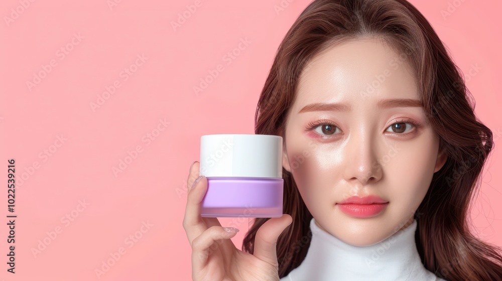 Young Woman Holding a Purple and White Cream Jar Against Pink Background Young Woman Holding a Purple and White Cream Jar Against Pink Background