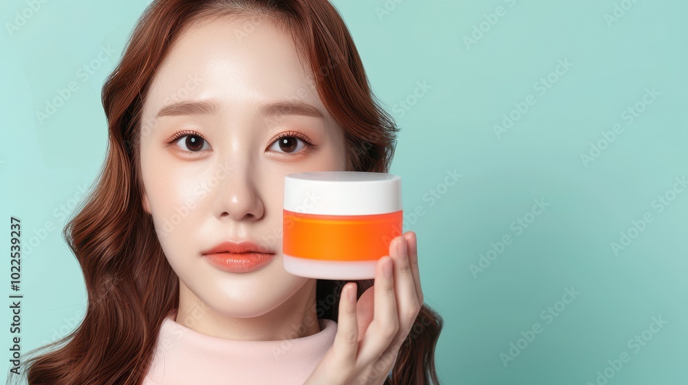 Woman with Smooth Skin Holding Orange Cream Jar Woman with Smooth Skin Holding Orange Cream Jar