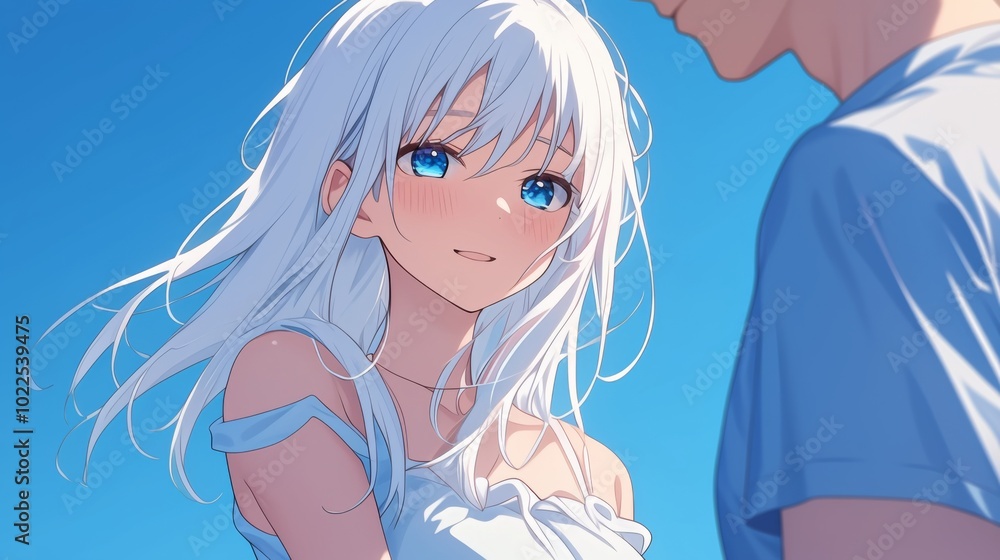 Serene anime-style illustration featuring a white-haired girl in a white dress and a man, both displaying gentle expressions Serene anime-style illustration featuring a white-haired girl in a white dress and a man, both displaying gentle expressions