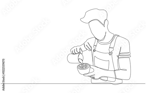 Continuous one line drawing of barista making latte art, barista and latte art, coffee shop concept, single line art.