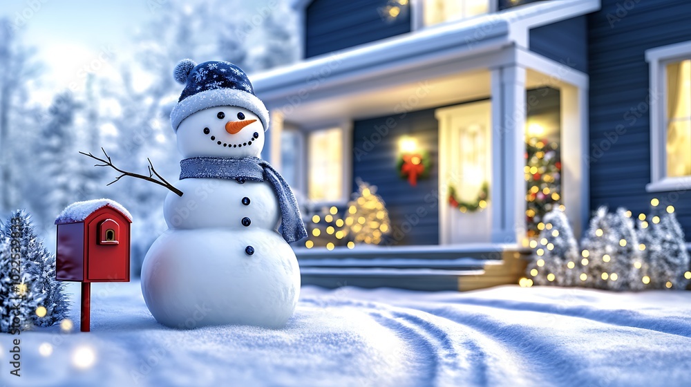 Obraz premium A snowman welcoming guests at the front steps of a cozy, snow-draped cottage, with a red mailbox and holiday decorations nearby. The cottage windows emit a soft golden glow,
