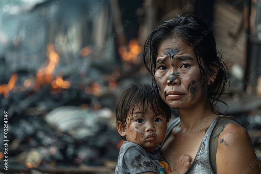 Asian mother holding her child, looking at the destroyed house with tears on her face. Asian mother holding her child, looking at the destroyed house with tears on her face.