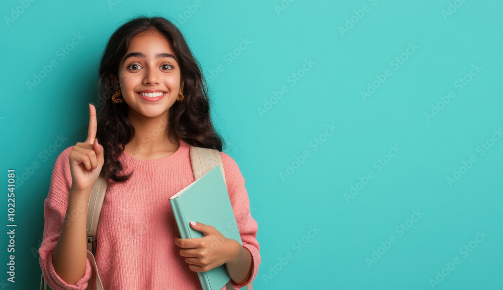 happy teenage girl student holding books and showing finger up side happy teenage girl student holding books and showing finger up side
