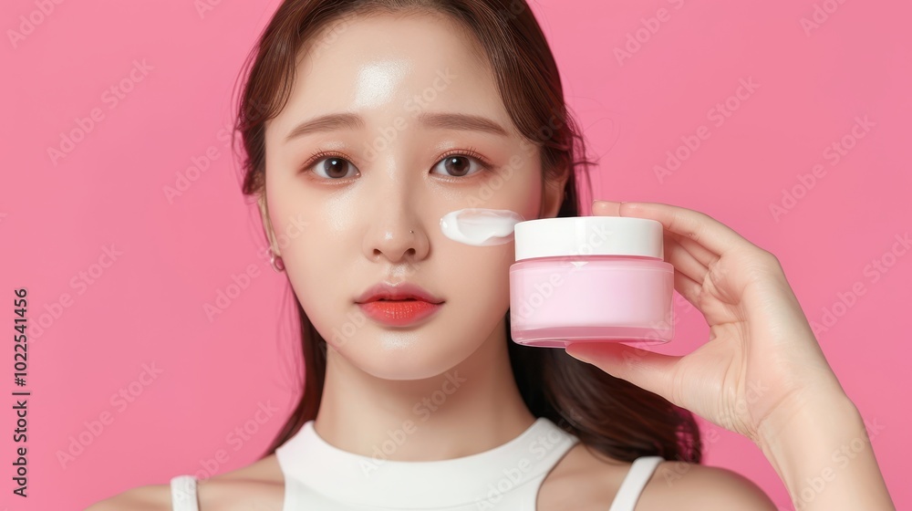 Woman Applying Facial Moisturizer with Pink Jar Woman Applying Facial Moisturizer with Pink Jar