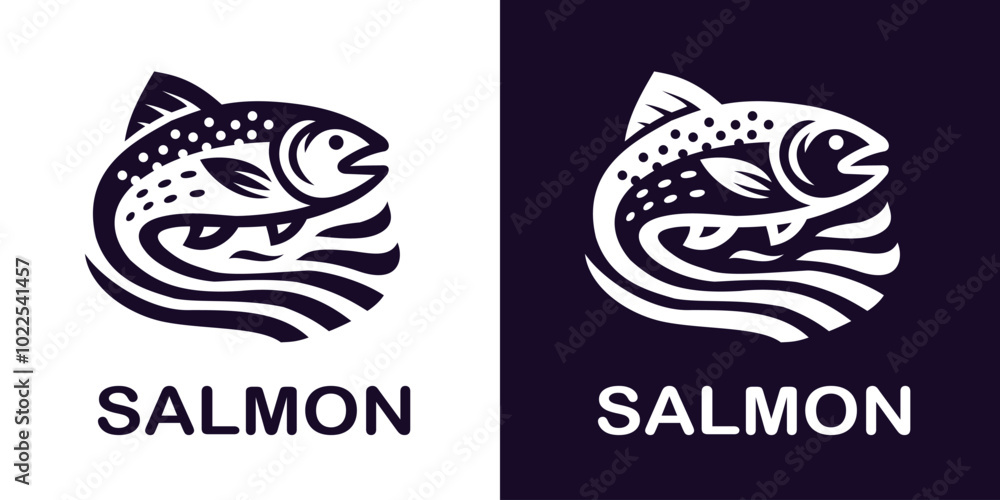 A sleek and modern salmon fish logo in a minimalist style. Clean lines and dynamic flow convey movement and vitality. Ideal for businesses or projects related to fishing, seafood, or wildlife A sleek and modern salmon fish logo in a minimalist style. Clean lines and dynamic flow convey movement and vitality. Ideal for businesses or projects related to fishing, seafood, or wildlife