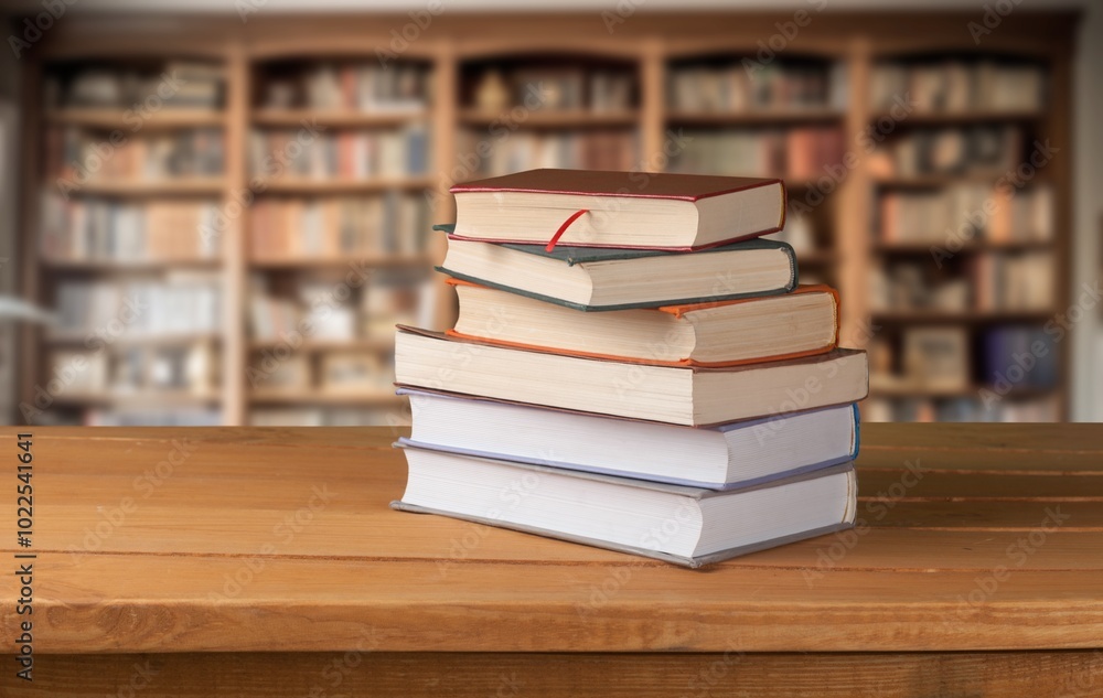 Set of books on table in library, education concept Set of books on table in library, education concept