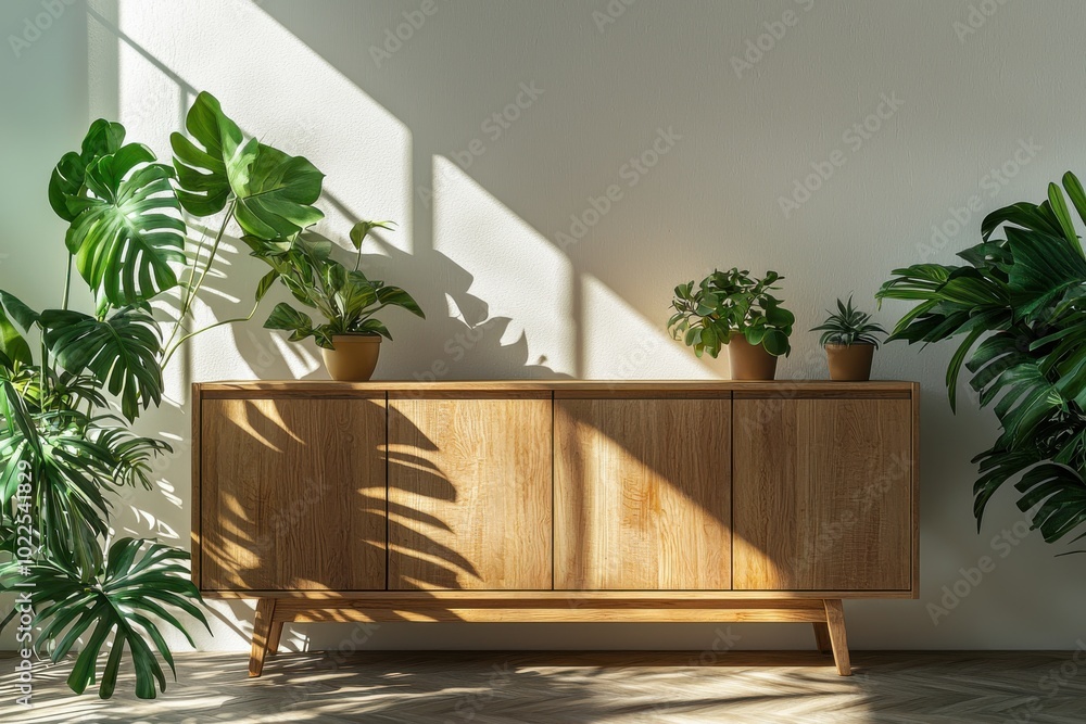 A serene interior scene featuring a wooden sideboard adorned with potted plants, illuminated by soft sunlight and casting gentle shadows. A serene interior scene featuring a wooden sideboard adorned with potted plants, illuminated by soft sunlight and casting gentle shadows.