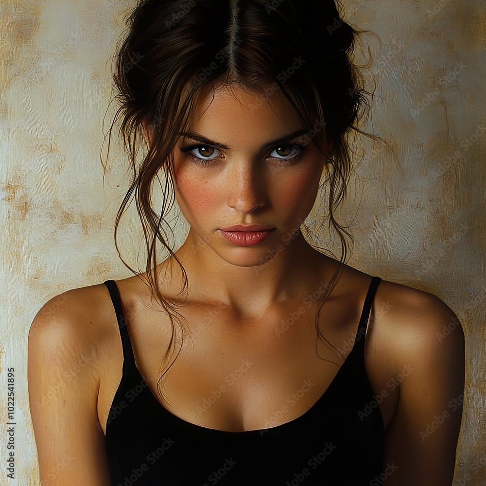 Intense Portrait of a Woman with Brown Hair and Freckles Intense Portrait of a Woman with Brown Hair and Freckles