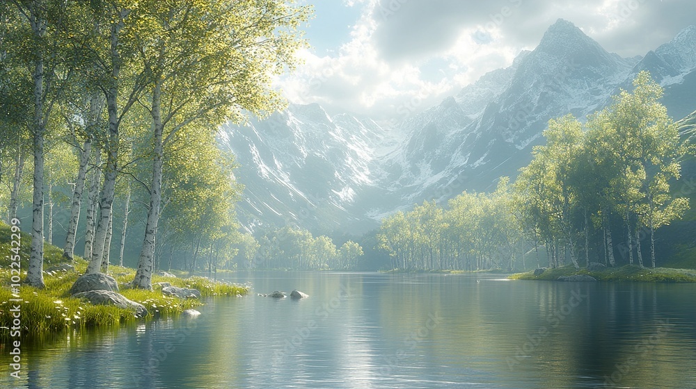 Serene Mountain Lake with Birch Trees and Stunning Views Serene Mountain Lake with Birch Trees and Stunning Views