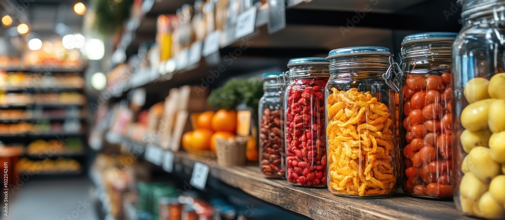 Close up of shelves in a grocery store with jars of dried fruit. Close up of shelves in a grocery store with jars of dried fruit.