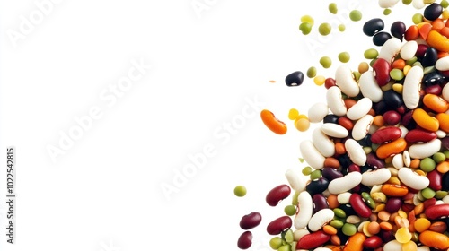 A colorful assortment of various beans and legumes scattered on a white background.
