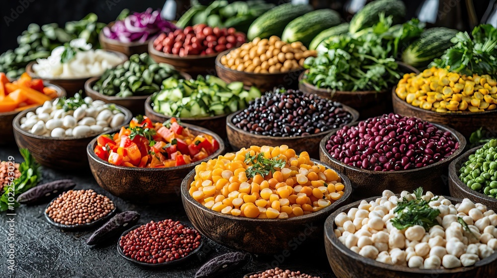 Colorful and diverse selection of fresh produce and legumes arranged in bowls Colorful and diverse selection of fresh produce and legumes arranged in bowls