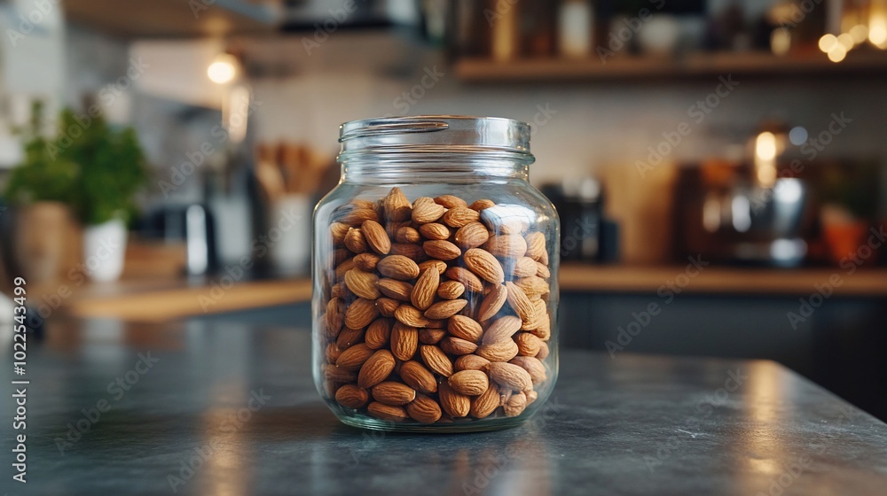 A glass jar filled with almonds on a kitchen countertop. A glass jar filled with almonds on a kitchen countertop.
