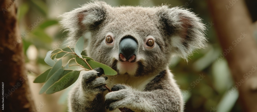 Fototapeta premium Close-up of a koala holding eucalyptus leaves with a curious expression.