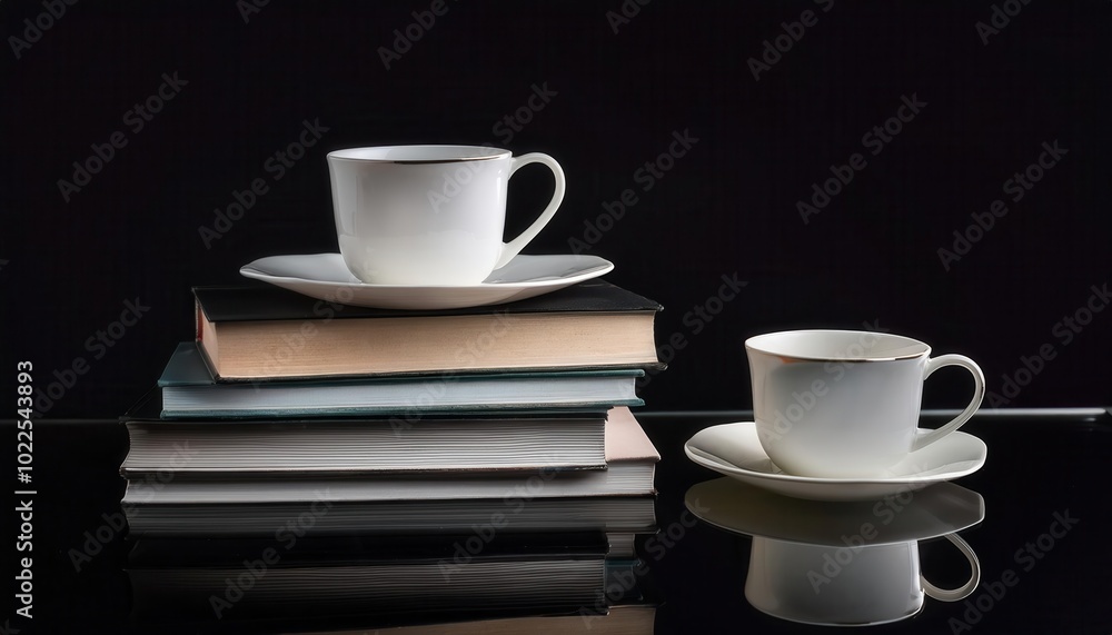 Fototapeta premium Minimalist Stack of Hardcover Books and Elegant Textured White Mug on Reflective Surface Against Dark Background for Cozy Reading Atmosphere
