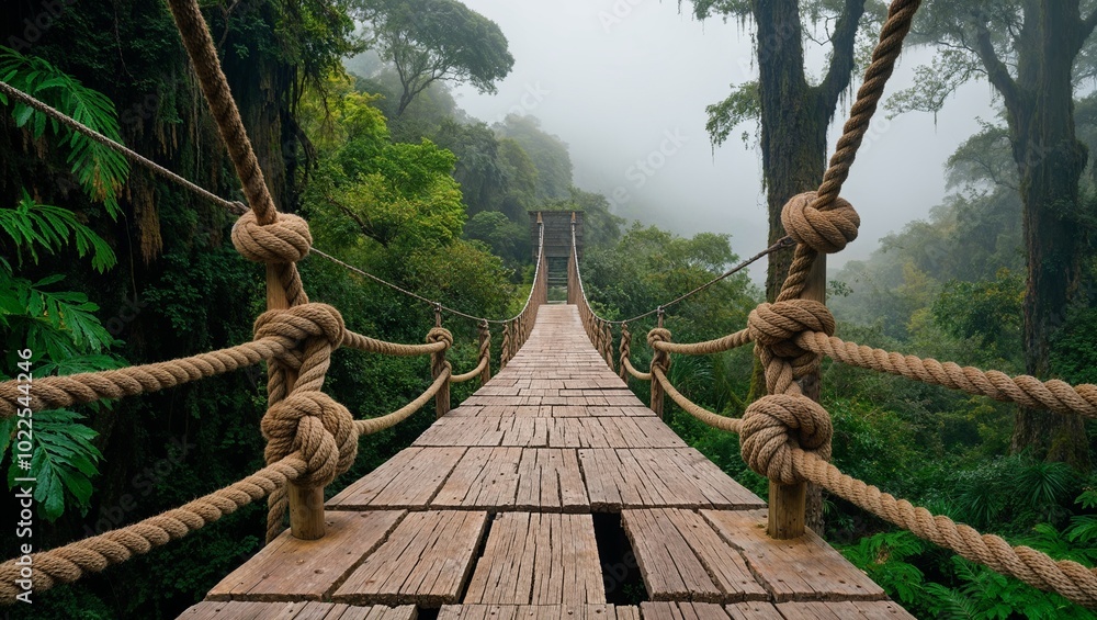 natural suspension bridge, crafted from weathered wooden planks and thick, twisted ropes with intricate knots, evoking a sense of sturdiness and adventure. natural suspension bridge, crafted from weathered wooden planks and thick, twisted ropes with intricate knots, evoking a sense of sturdiness and adventure.