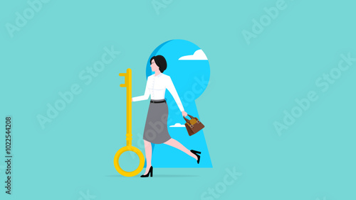key of success to reach business goal or target, creative strategies or procedures for success, successful businesswoman people entering the space with the key to success concept
