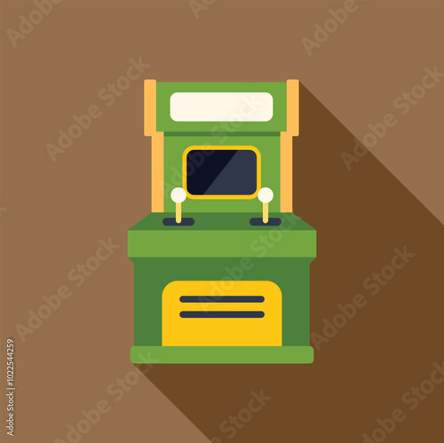 Green and yellow standup arcade game with joysticks and screen, inviting players to a nostalgic gaming experience