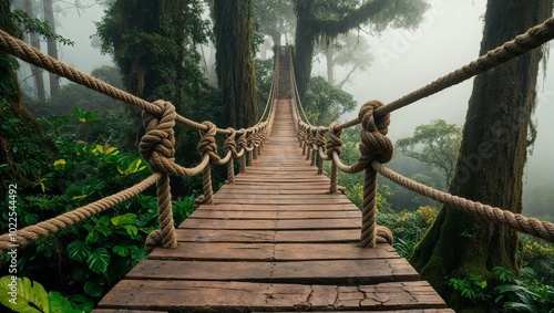  natural suspension bridge, crafted from weathered wooden planks and thick, twisted ropes with intricate knots, evoking a sense of sturdiness and adventure.