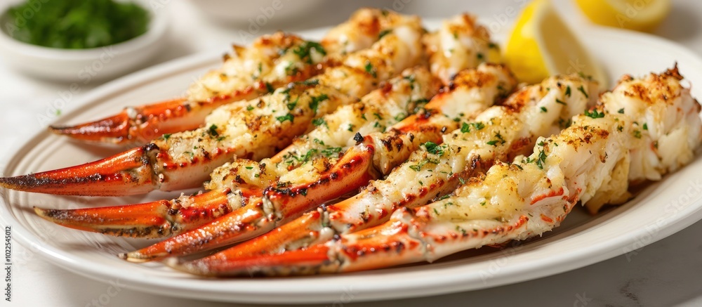 Close-up of a plate of cooked crab legs with melted butter, parsley and lemon wedge. Close-up of a plate of cooked crab legs with melted butter, parsley and lemon wedge.