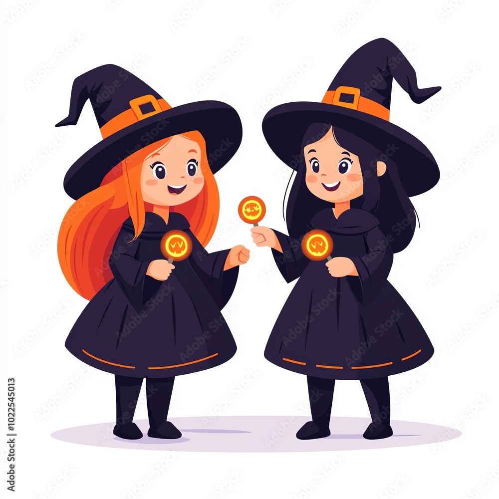 Two cheerful witches in black dresses and hats share coins, embodying a playful, magical theme perfect for Halloween. Two cheerful witches in black dresses and hats share coins, embodying a playful, magical theme perfect for Halloween.