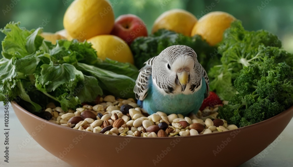A vibrant budgerigar with a diet of fresh greens and mixed seeds, illustrating balanced nutrition for bird owners A vibrant budgerigar with a diet of fresh greens and mixed seeds, illustrating balanced nutrition for bird owners