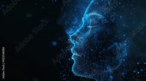 Digital Portrait of a Human Face Formed by Blue Glowing Particles