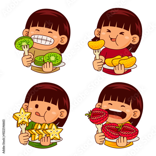 cute girl kids eating fruit illustration