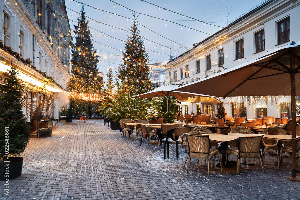 Naklejka premium クリスマスイルミネーションのレストラン