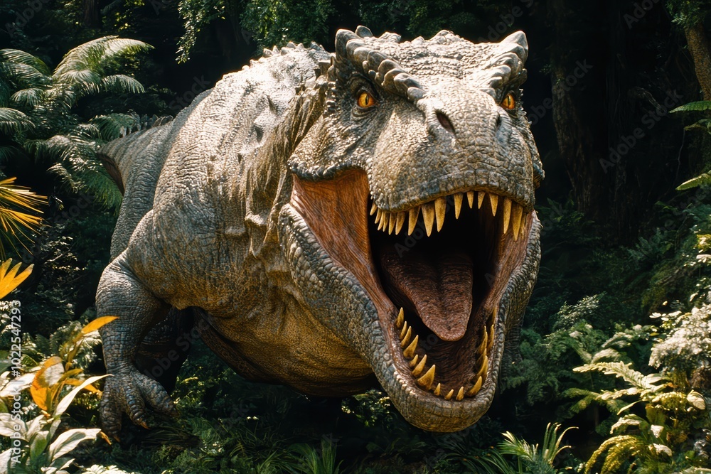 Fototapeta premium Fierce dinosaur roaring in lush jungle setting
