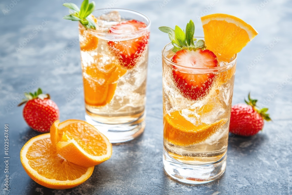 Refreshing summer fruit cocktail with sparkling water strawberries Refreshing summer fruit cocktail with sparkling water strawberries