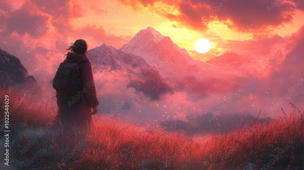 Obraz premium A traveler gazes at a vibrant sunset over majestic mountains.