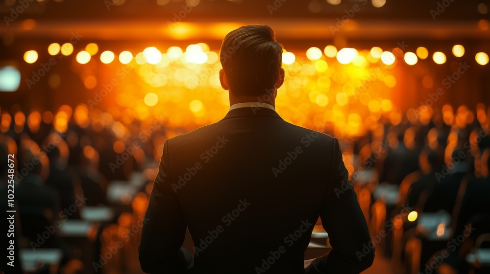 Professional giving a keynote speech at a business conference Professional giving a keynote speech at a business conference