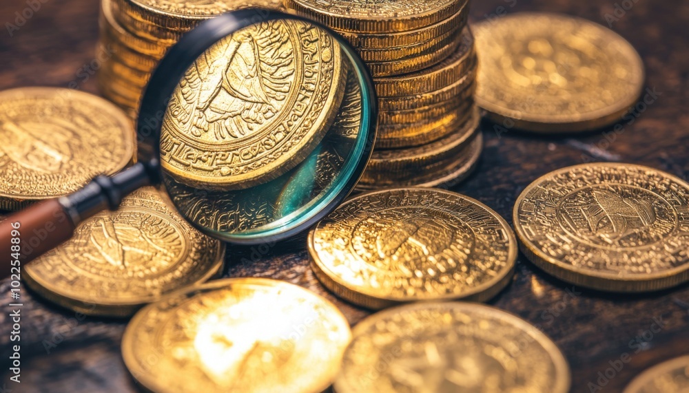 A magnifying glass focuses on a stack of gleaming gold coins, highlighting their intricate designs and details. A magnifying glass focuses on a stack of gleaming gold coins, highlighting their intricate designs and details.