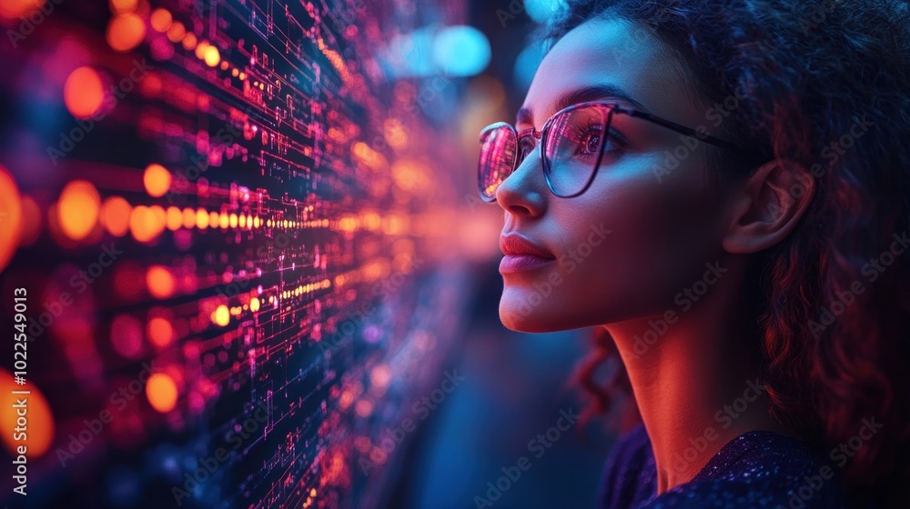 A woman gazes thoughtfully at a vibrant, illuminated digital display. A woman gazes thoughtfully at a vibrant, illuminated digital display.